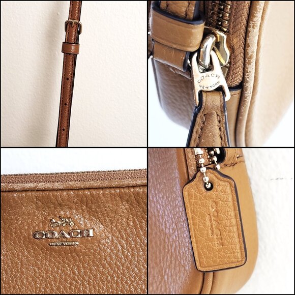COACH Small Tan Leather Crossbody Bag Two Zip Compartments Adjustable Strap - Picture 3 of 6